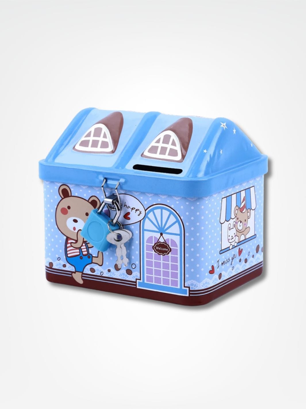 Tirelire forme maison <br> Le coffre verrouillé Bleu