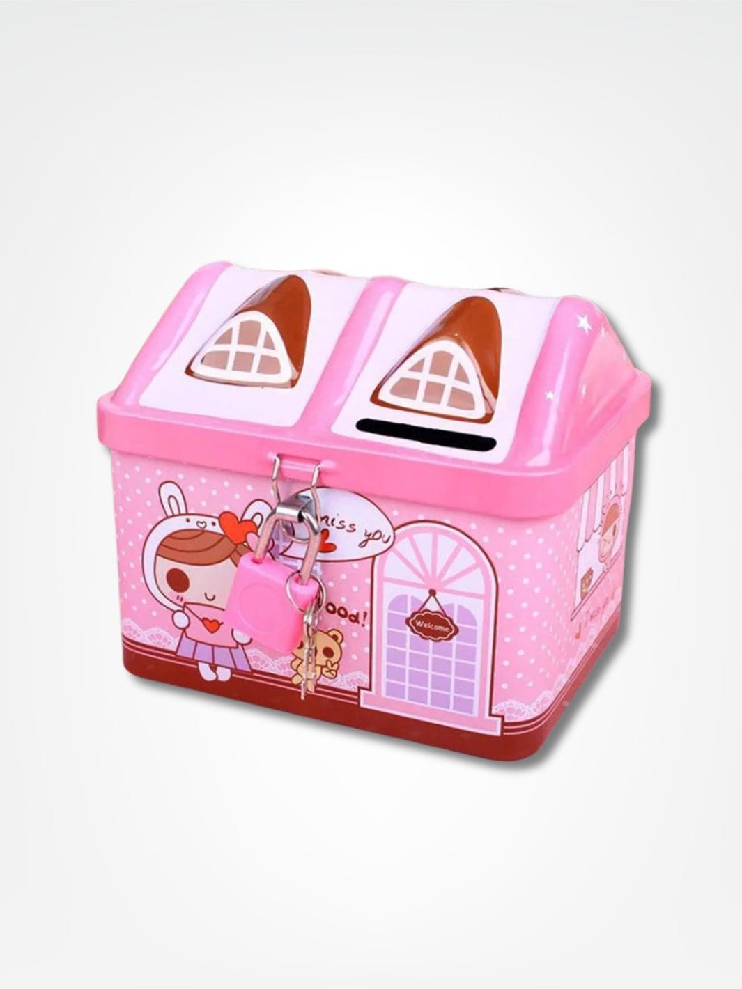 Tirelire forme maison <br> Le coffre verrouillé Rose