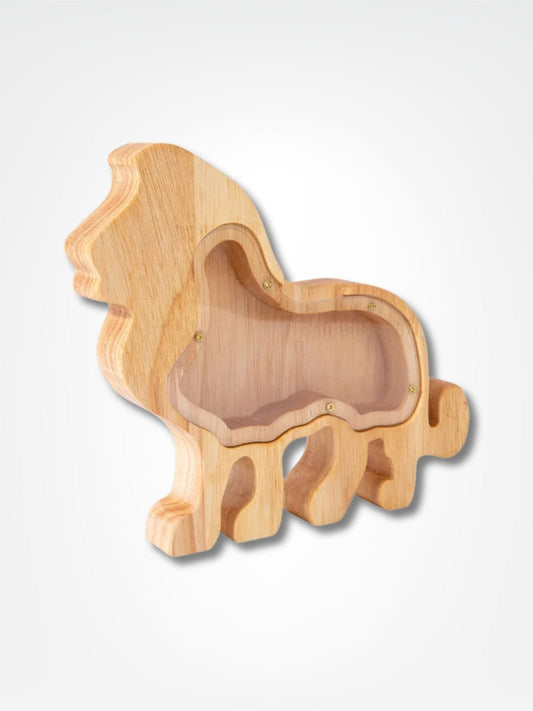 Tirelire lion <br> Le roi de l'épargne Bois clair